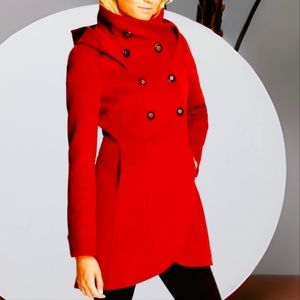 Soia & Kyo Women's Red Hooded Trench Midi Length Coat